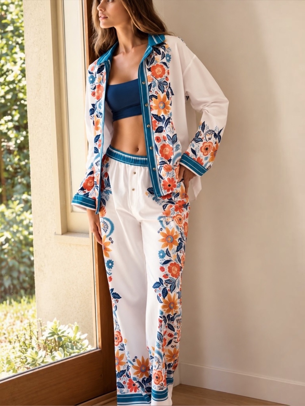 Anthropologie Real Fun, Wow! Floral Pajama Set Ivory Teal Size L NWT $128